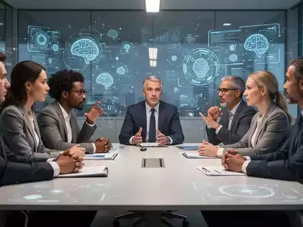 Eine Gruppe von Arbeitnehmervertretern und Führungskräften diskutiert an einem Konferenztisch, umgeben von digitalen Elementen, die KI symbolisieren. - Foto: über boerse-global.de