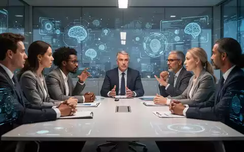 Eine Gruppe von Arbeitnehmervertretern und Führungskräften diskutiert an einem Konferenztisch, umgeben von digitalen Elementen, die KI symbolisieren. - Foto: über boerse-global.de