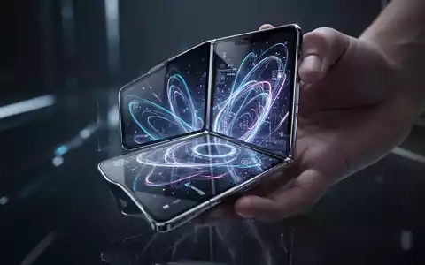 A close-up of a futuristic, sleek foldable smartphone, half-folded, displaying a glowing abstract interface, held in a hand. - Foto: über boerse-global.de