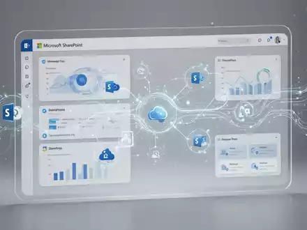 A modern, minimalist digital interface resembling Microsoft SharePoint, with abstract data flows and interconnected icons suggesting AI integration. - Foto: über boerse-global.de