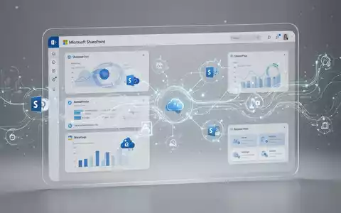 A modern, minimalist digital interface resembling Microsoft SharePoint, with abstract data flows and interconnected icons suggesting AI integration. - Foto: über boerse-global.de
