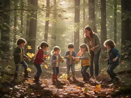 Kinder spielen und erkunden in einem sonnendurchfluteten Wald, begleitet von einer erwachsenen Person, die Resilienz fördert. - Foto: über boerse-global.de