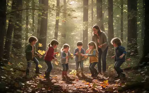 Kinder spielen und erkunden in einem sonnendurchfluteten Wald, begleitet von einer erwachsenen Person, die Resilienz fördert. - Foto: über boerse-global.de