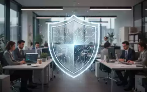 Ein stilisiertes, leuchtendes Schild-Symbol, das über einem unscharfen modernen deutschen Büroraum mit Mitarbeitern von Kleinunternehmen liegt. - Foto: über boerse-global.de