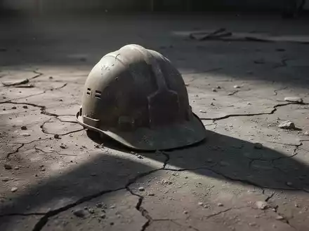 Ein abgenutzter Bauhelm auf staubigem, rissigem Boden, langer Schatten, der den Rückgang im Energiesektor symbolisiert. - Foto: über boerse-global.de