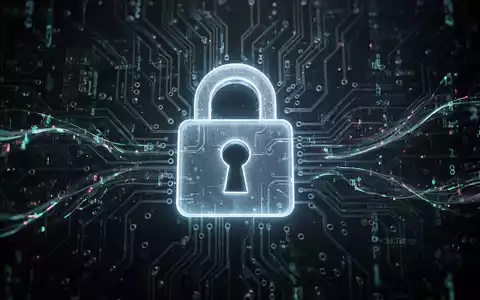 Ein stilisiertes, leuchtendes Vorhängeschloss-Symbol über einem digitalen Schaltkreis, umgeben von abstrakten Datenströmen, die Cybersicherheit und Datenschutz symbolisieren. - Foto: über boerse-global.de