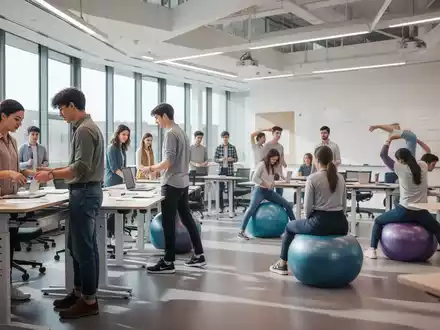 Studenten in einem modernen Seminarraum, einige stehen an Tischen, andere sitzen auf Gymnastikbällen. Der Raum ist hell und ergonomisch gestaltet. - Foto: über boerse-global.de