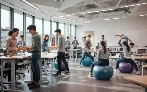 Studenten in einem modernen Seminarraum, einige stehen an Tischen, andere sitzen auf Gymnastikbällen. Der Raum ist hell und ergonomisch gestaltet. - Foto: über boerse-global.de