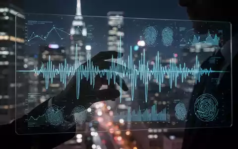 Eine Hand manipuliert digitale Stimmwellen und biometrische Daten auf einem transparenten Bildschirm, der KI-Betrug und Identitätsdiebstahl symbolisiert. - Foto: über boerse-global.de