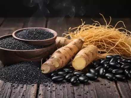 Eine Anordnung von TCM-Zutaten: schwarze Sesamsamen, chinesischer Yams, schwarze Bohnen und getrocknete Maisseide auf Holz. - Foto: über boerse-global.de