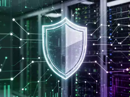 A glowing digital shield icon on a futuristic interface, symbolizing AI-powered security, with data center servers in the blurred background. - Foto: über boerse-global.de