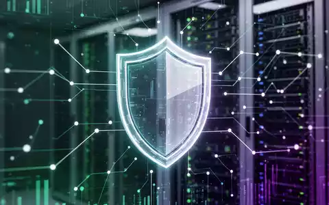 A glowing digital shield icon on a futuristic interface, symbolizing AI-powered security, with data center servers in the blurred background. - Foto: über boerse-global.de