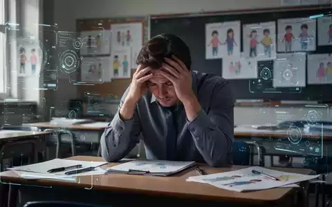 Ein erschöpfter Lehrer sitzt mit dem Kopf in den Händen an einem Schreibtisch in einem Klassenzimmer, umgeben von digitalen Elementen. - Foto: über boerse-global.de