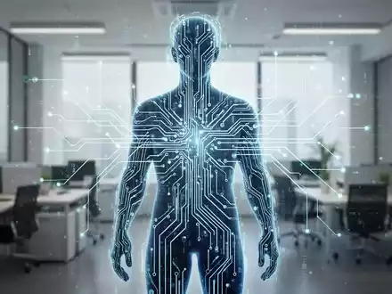 Eine futuristische Leiterplatte, die subtil in eine menschliche Silhouette integriert ist und KI-Einfluss auf HR symbolisiert. - Foto: über boerse-global.de