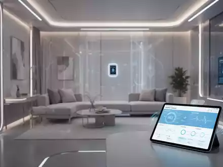 A modern smart home interior with integrated sensors and a tablet displaying health data, representing digital assistance for seniors. - Foto: über boerse-global.de