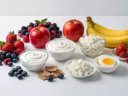 Eine ausgewogene Frühstücksanordnung mit frischem Obst, griechischem Joghurt, Hüttenkäse und einem hartgekochten Ei auf weißem Hintergrund. - Foto: über boerse-global.de