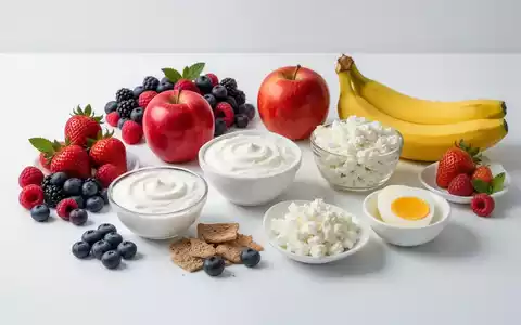 Eine ausgewogene Frühstücksanordnung mit frischem Obst, griechischem Joghurt, Hüttenkäse und einem hartgekochten Ei auf weißem Hintergrund. - Foto: über boerse-global.de