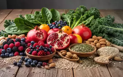 Eine Nahaufnahme einer Auswahl farbenfroher, gesunder Lebensmittel auf einem Holztisch, darunter Beeren, grünes Blattgemüse und Nüsse. - Foto: über boerse-global.de
