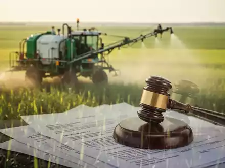 Ein verschwommener Sprühnebel in einem Feld, überlagert von abstrakten Formen, die Gerichtsakten ähneln. Symbolisiert Glyphosat-Rechtsstreitigkeiten. - Foto: über boerse-global.de