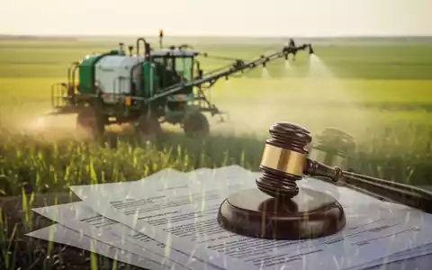 Ein verschwommener Sprühnebel in einem Feld, überlagert von abstrakten Formen, die Gerichtsakten ähneln. Symbolisiert Glyphosat-Rechtsstreitigkeiten. - Foto: über boerse-global.de