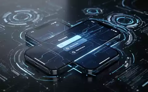 A futuristic iPhone screen shows a system recovery mode with glowing blue lines, set on a dark, reflective surface. - Foto: über boerse-global.de