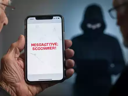 Eine ältere Hand hält ein Smartphone mit einer betrügerischen Nachricht. Im Hintergrund eine verschwommene Silhouette eines Betrügers. - Foto: über boerse-global.de