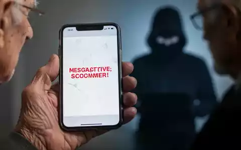 Eine ältere Hand hält ein Smartphone mit einer betrügerischen Nachricht. Im Hintergrund eine verschwommene Silhouette eines Betrügers. - Foto: über boerse-global.de