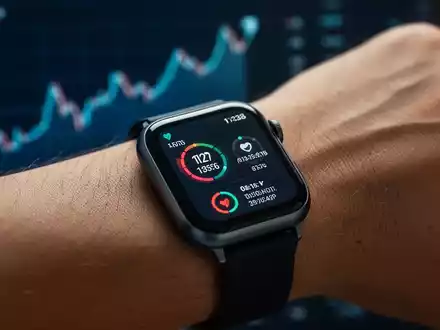 A close-up of a modern smartwatch on a wrist, displaying a health-related interface, with a blurred financial graph in the background. - Foto: über boerse-global.de