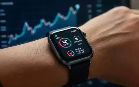 A close-up of a modern smartwatch on a wrist, displaying a health-related interface, with a blurred financial graph in the background. - Foto: über boerse-global.de