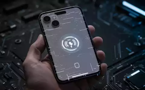 An iPhone 15 displaying a loading icon, held in a hand, against a dark, blurred background suggesting technical issues. - Foto: über boerse-global.de