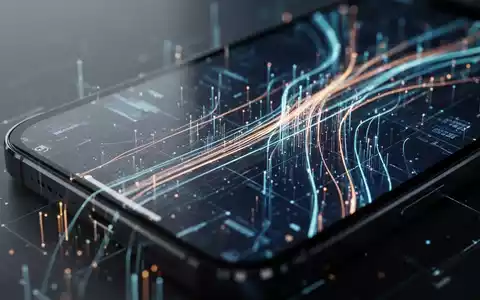 Close-up of a smartphone screen with abstract digital data streams and glowing lines, representing data management and optimization. - Foto: über boerse-global.de