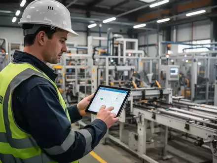 Eine Arbeitssicherheitsfachkraft inspiziert eine moderne Produktionshalle in Brandenburg, Deutschland, mit einem Tablet. - Foto: über boerse-global.de