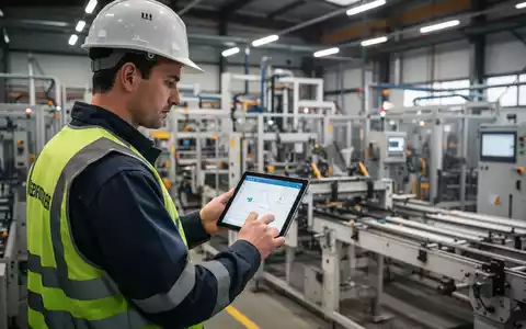 Eine Arbeitssicherheitsfachkraft inspiziert eine moderne Produktionshalle in Brandenburg, Deutschland, mit einem Tablet. - Foto: über boerse-global.de