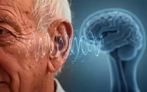 Nahaufnahme des Ohrs einer älteren Person mit angedeuteten Schallwellen und neuronaler Aktivität, im Hintergrund eine Gehirnsilhouette. - Foto: über boerse-global.de
