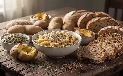 Eine Auswahl an komplexen Kohlenhydraten auf einem Holztisch, darunter Vollkornnudeln, Linsen, Kartoffeln und Vollkornbrot. - Foto: über boerse-global.de