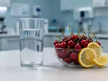 Ein Glas Wasser mit Kirschen und Zitronen auf einem Tisch, symbolisiert gesunde Ernährung und Hydratation zur Vorbeugung von Gicht. - Foto: über boerse-global.de