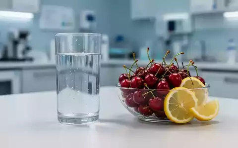 Ein Glas Wasser mit Kirschen und Zitronen auf einem Tisch, symbolisiert gesunde Ernährung und Hydratation zur Vorbeugung von Gicht. - Foto: über boerse-global.de