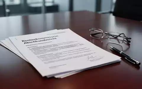 Ein offiziell aussehendes Dokument mit der Aufschrift 'Rentenkommission Abschlussbericht' liegt auf einem Holztisch neben einer Brille und einem Stift. - Foto: über boerse-global.de