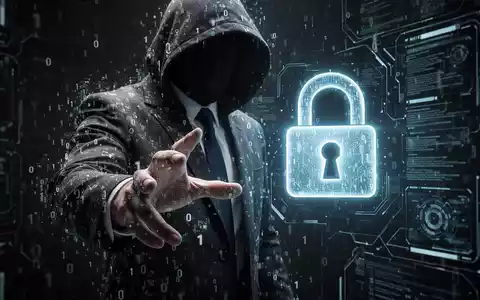 Eine bedrohliche, schemenhafte Figur aus Binärcode greift nach einem leuchtenden digitalen Schloss auf einer dunklen Benutzeroberfläche. - Foto: über boerse-global.de
