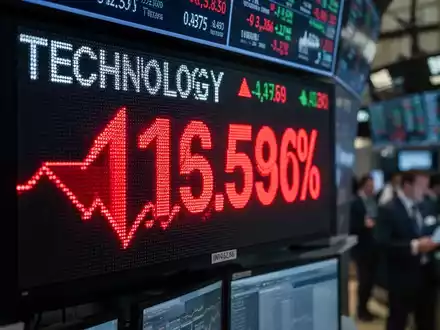 Ein Börsenticker zeigt rote Zahlen und einen starken prozentualen Rückgang, der einen negativen Trend für Technologieaktien symbolisiert. - Foto: über boerse-global.de