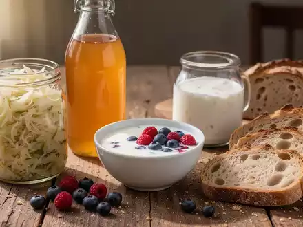 Eine Nahaufnahme von fermentierten Lebensmitteln wie Sauerkraut, Kombucha, Kefir und Sauerteigbrot auf einem Holztisch. - Foto: über boerse-global.de