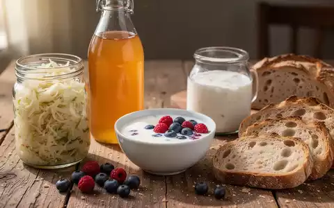 Eine Nahaufnahme von fermentierten Lebensmitteln wie Sauerkraut, Kombucha, Kefir und Sauerteigbrot auf einem Holztisch. - Foto: über boerse-global.de