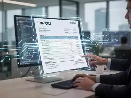 Eine digitale Rechnung mit leuchtenden Linien über einem unscharfen Büro, das die elektronische Rechnungsstellung symbolisiert. - Foto: über boerse-global.de
