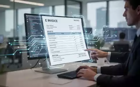 Eine digitale Rechnung mit leuchtenden Linien über einem unscharfen Büro, das die elektronische Rechnungsstellung symbolisiert. - Foto: über boerse-global.de