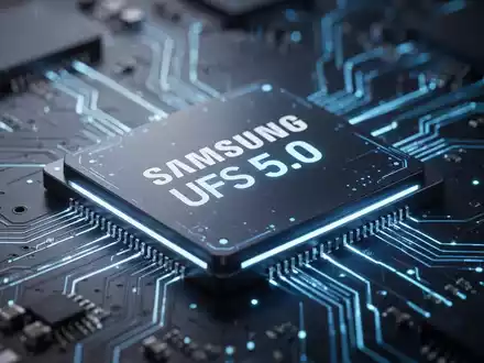 A close-up of a futuristic Samsung UFS 5.0 memory chip on a circuit board, glowing with blue light. - Foto: über boerse-global.de