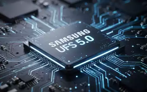 A close-up of a futuristic Samsung UFS 5.0 memory chip on a circuit board, glowing with blue light. - Foto: über boerse-global.de