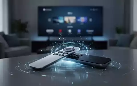 A sleek Apple TV remote on a reflective surface, with a blurred living room and TV in the background. A subtle digital glow surrounds the remote. - Foto: über boerse-global.de