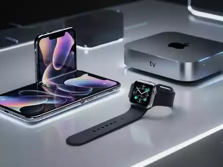 A close-up of futuristic Apple products including a foldable iPhone, an Apple Watch, and an Apple TV, on a glowing surface. - Foto: über boerse-global.de