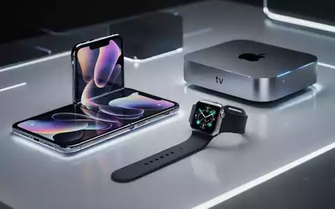 A close-up of futuristic Apple products including a foldable iPhone, an Apple Watch, and an Apple TV, on a glowing surface. - Foto: über boerse-global.de