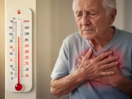 Ein Thermometer zeigt hohe Temperaturen neben einer unscharfen Darstellung einer älteren Person, die sich an die Brust fasst. - Foto: über boerse-global.de